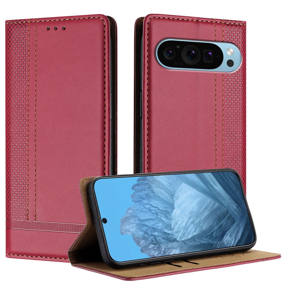 For Google Pixel 9 Case L-Shaped Grid Pattern Leather Stand Phone Cover with Card Slots - Red