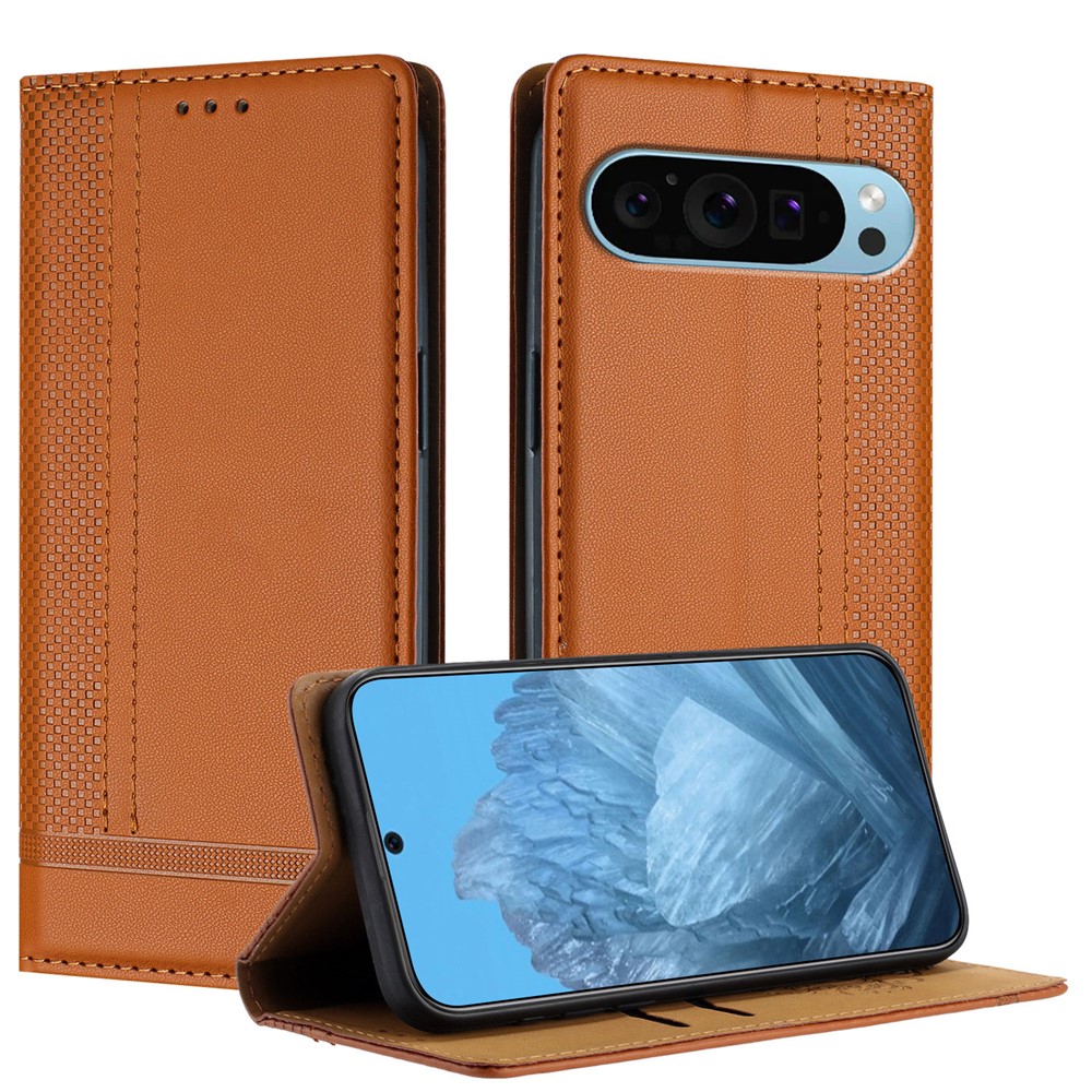 For Google Pixel 9 Case L-Shaped Grid Pattern Leather Stand Phone Cover with Card Slots - Brown