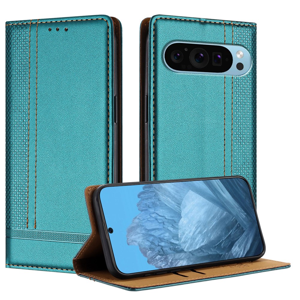 For Google Pixel 9 Case L-Shaped Grid Pattern Leather Stand Phone Cover with Card Slots - Green