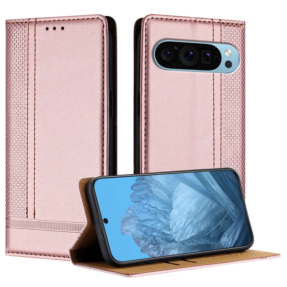 For Google Pixel 9 Case L-Shaped Grid Pattern Leather Stand Phone Cover with Card Slots - Rose Gold