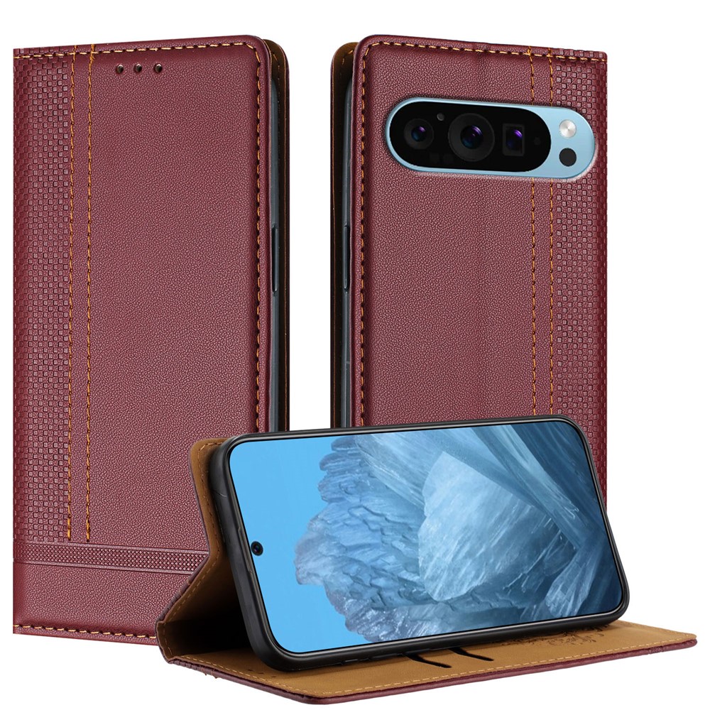 For Google Pixel 9 Case L-Shaped Grid Pattern Leather Stand Phone Cover with Card Slots - Wine Red
