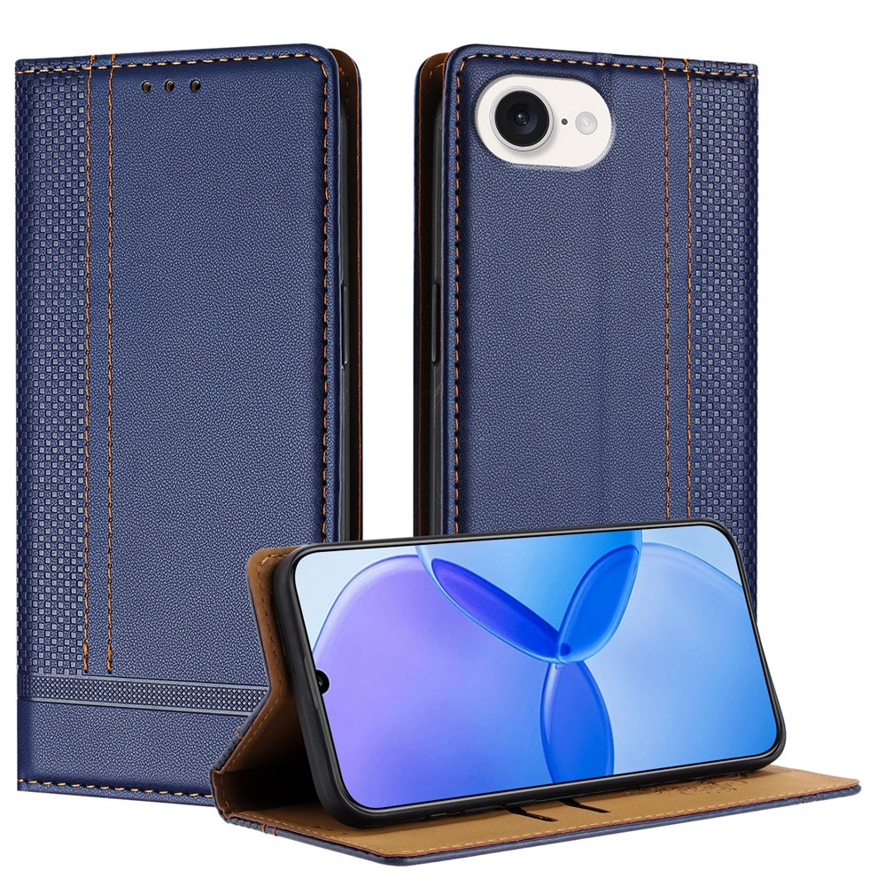 For iPhone 16e Case L-Shaped Grid Pattern Leather Stand Phone Cover with Card Slots - Blue