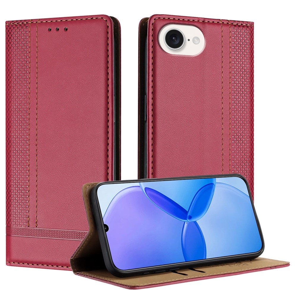 For iPhone 16e Case L-Shaped Grid Pattern Leather Stand Phone Cover with Card Slots - Red