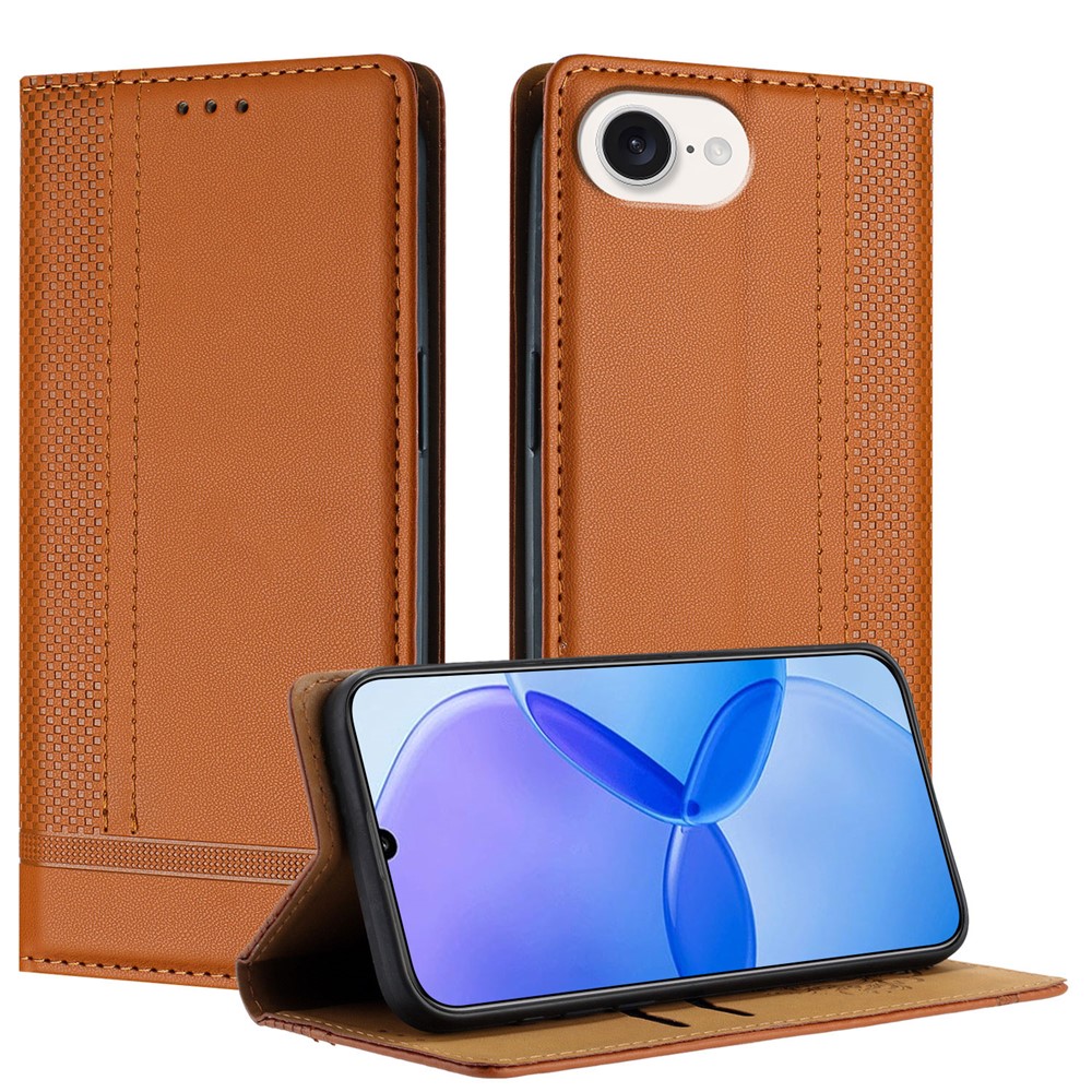 For iPhone 16e Case L-Shaped Grid Pattern Leather Stand Phone Cover with Card Slots - Brown