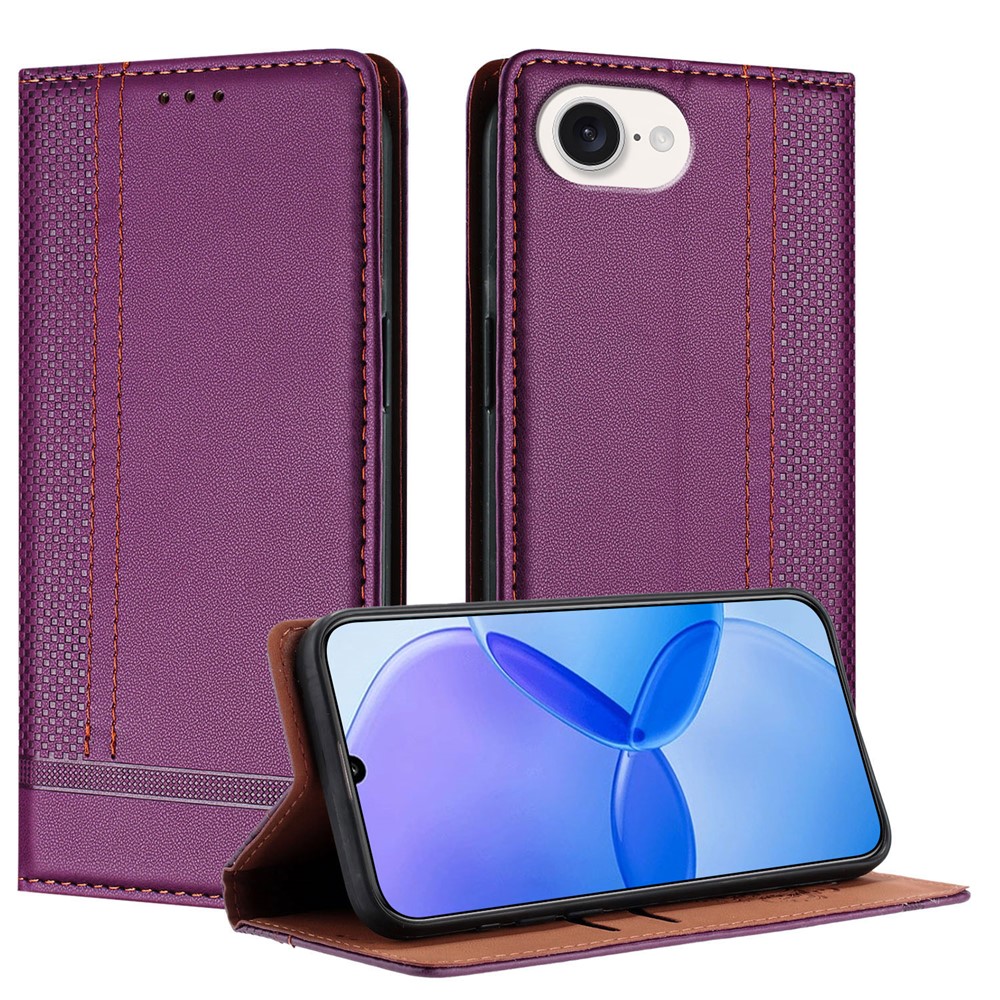 For iPhone 16e Case L-Shaped Grid Pattern Leather Stand Phone Cover with Card Slots - Purple