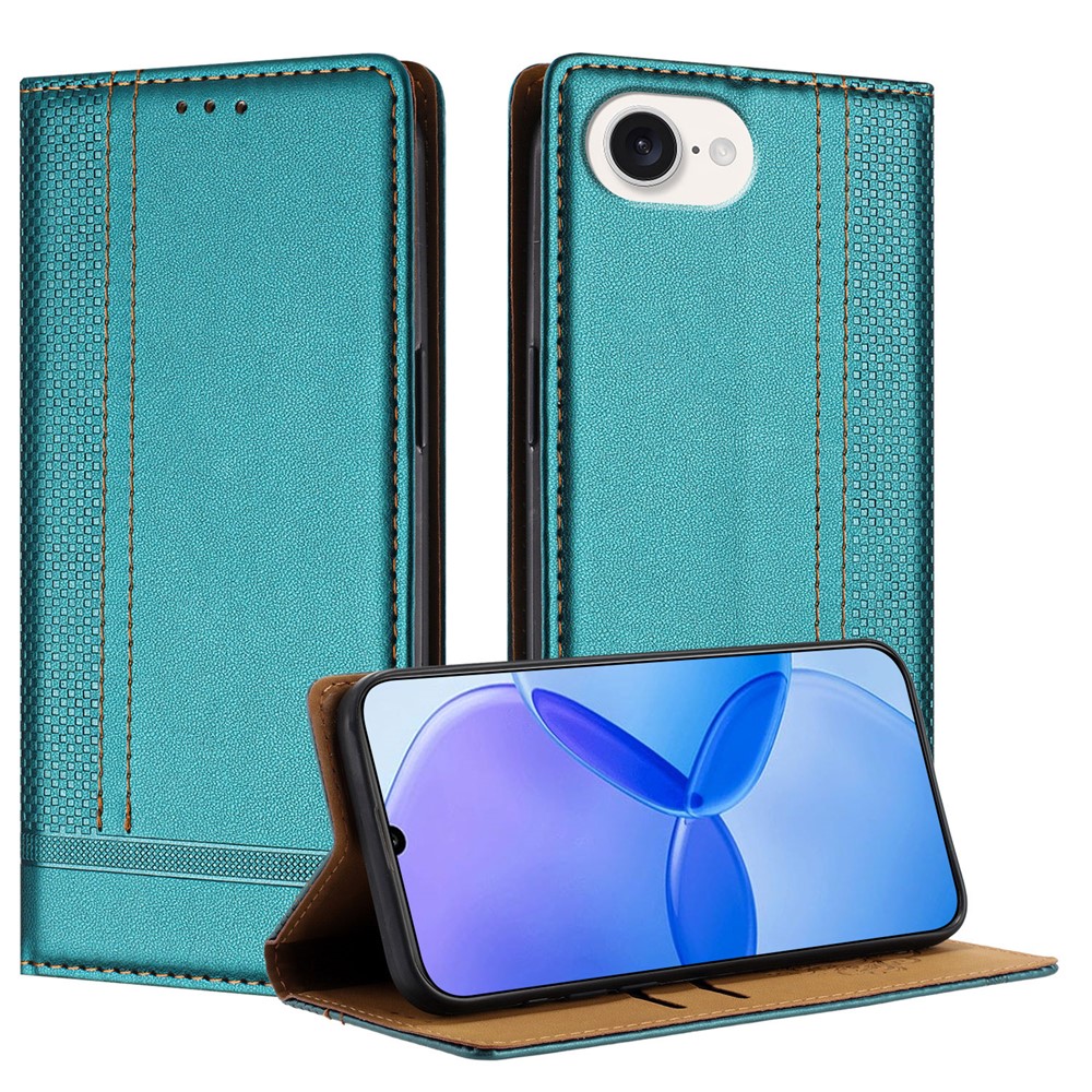 For iPhone 16e Case L-Shaped Grid Pattern Leather Stand Phone Cover with Card Slots - Green