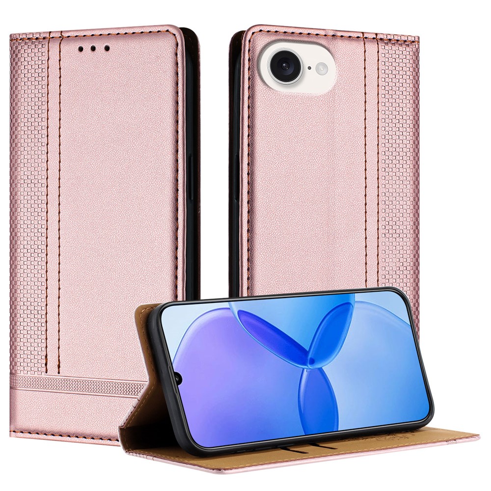 For iPhone 16e Case L-Shaped Grid Pattern Leather Stand Phone Cover with Card Slots - Rose Gold