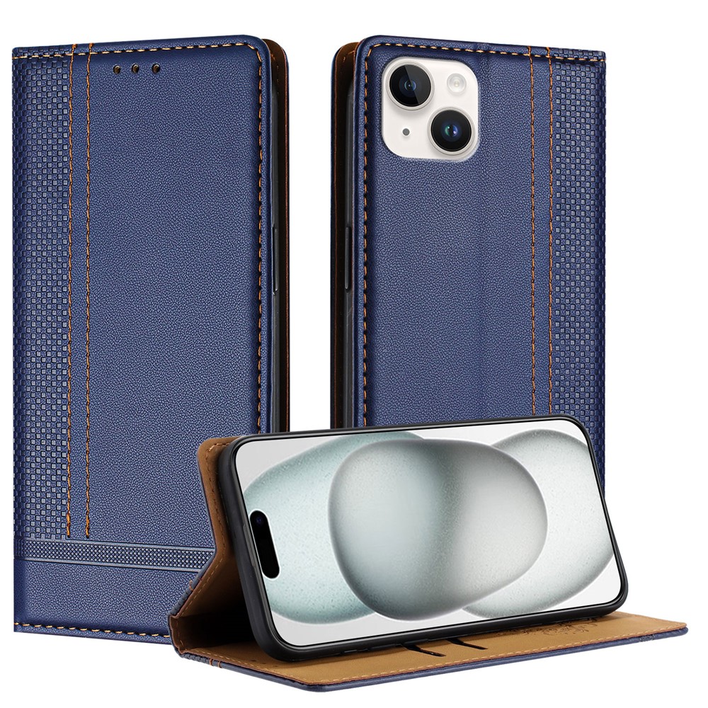 For iPhone 15 Plus Case L-Shaped Grid Pattern Leather Stand Phone Cover with Card Slots - Blue