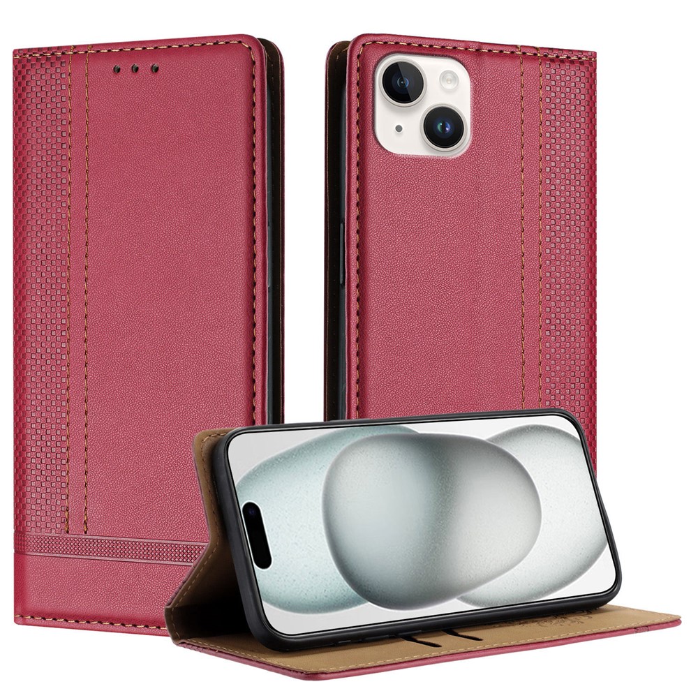 For iPhone 15 Plus Case L-Shaped Grid Pattern Leather Stand Phone Cover with Card Slots - Red