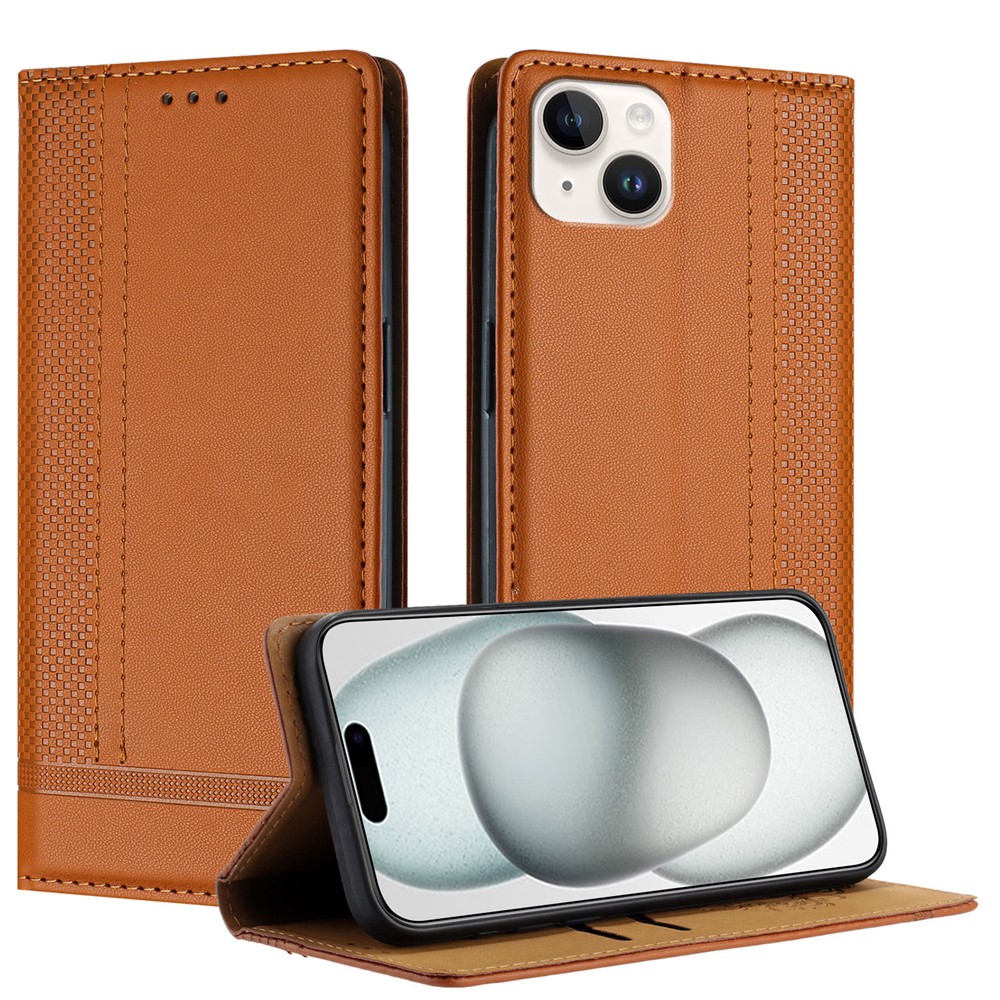 For iPhone 15 Plus Case L-Shaped Grid Pattern Leather Stand Phone Cover with Card Slots - Brown