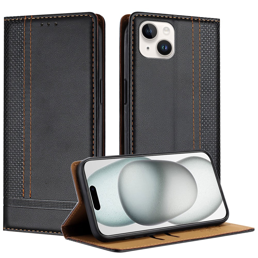 For iPhone 15 Plus Case L-Shaped Grid Pattern Leather Stand Phone Cover with Card Slots - Black