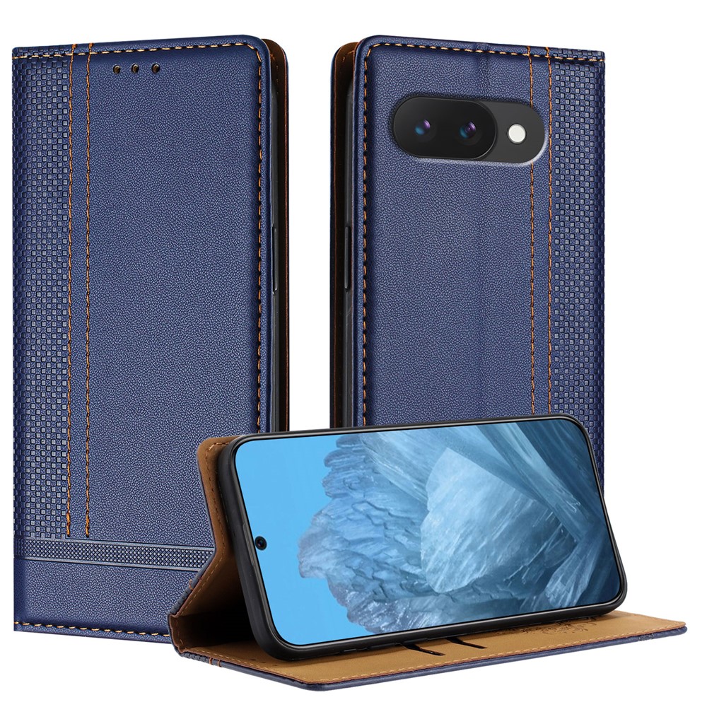 For Google Pixel 9a Case L-Shaped Grid Pattern Leather Stand Phone Cover with Card Slots - Blue