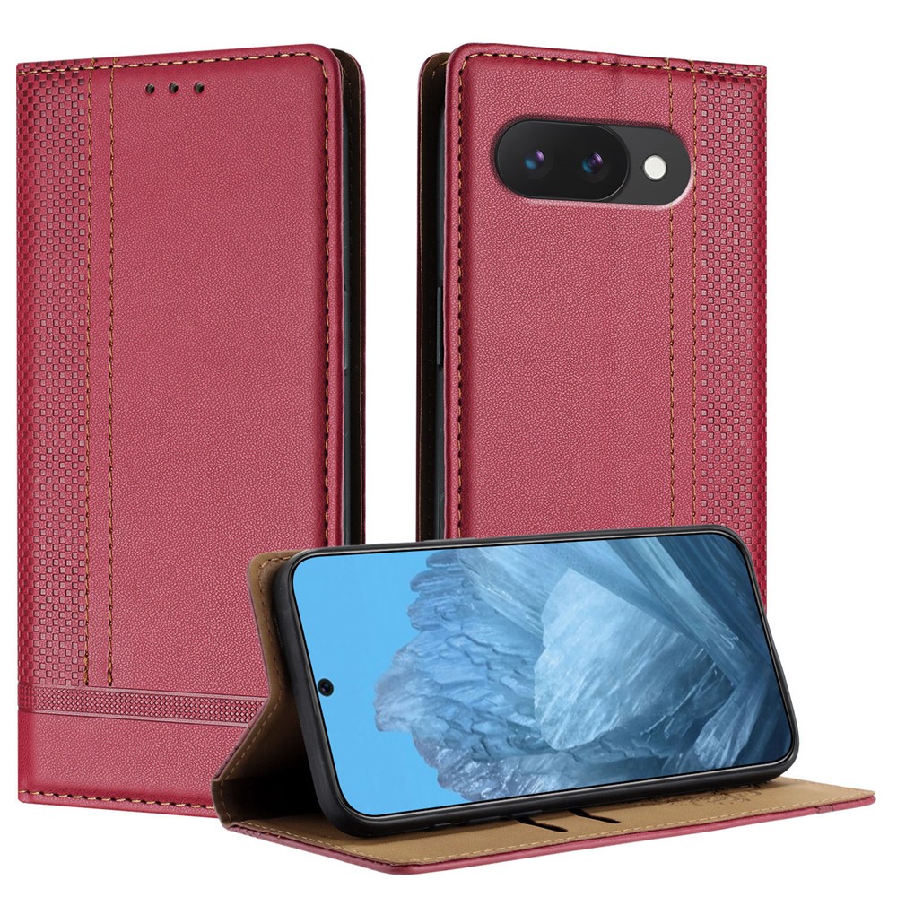 For Google Pixel 9a Case L-Shaped Grid Pattern Leather Stand Phone Cover with Card Slots - Red