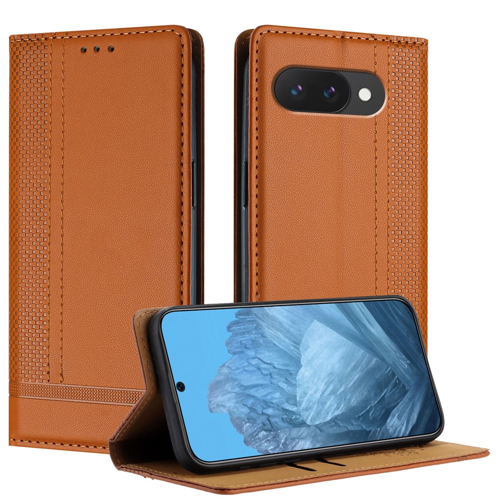 For Google Pixel 9a Case L-Shaped Grid Pattern Leather Stand Phone Cover with Card Slots - Brown