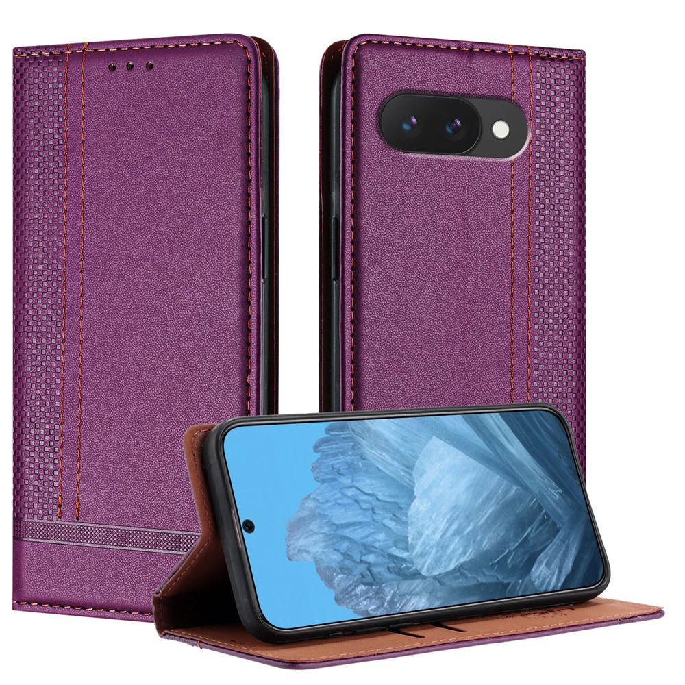 For Google Pixel 9a Case L-Shaped Grid Pattern Leather Stand Phone Cover with Card Slots - Purple