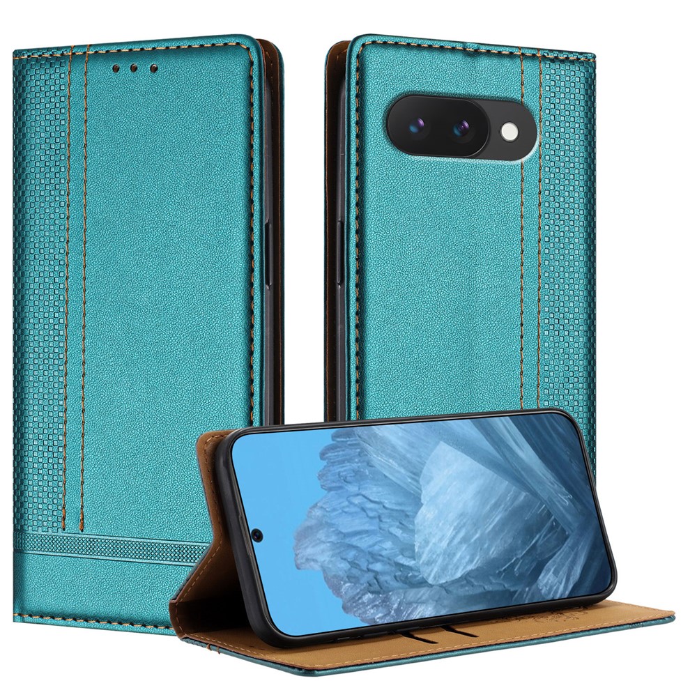 For Google Pixel 9a Case L-Shaped Grid Pattern Leather Stand Phone Cover with Card Slots - Green