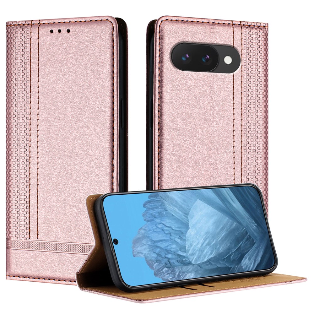 For Google Pixel 9a Case L-Shaped Grid Pattern Leather Stand Phone Cover with Card Slots - Rose Gold