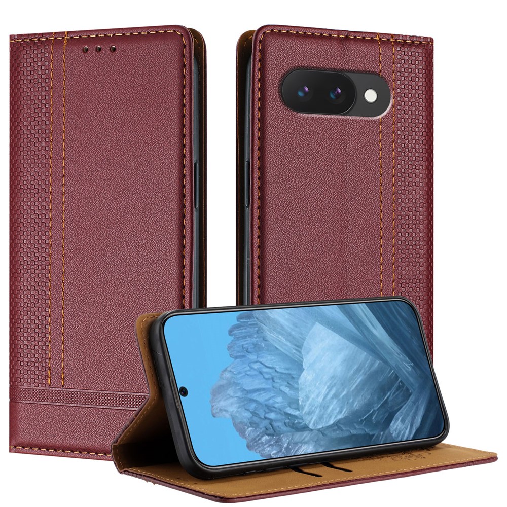 For Google Pixel 9a Case L-Shaped Grid Pattern Leather Stand Phone Cover with Card Slots - Wine Red