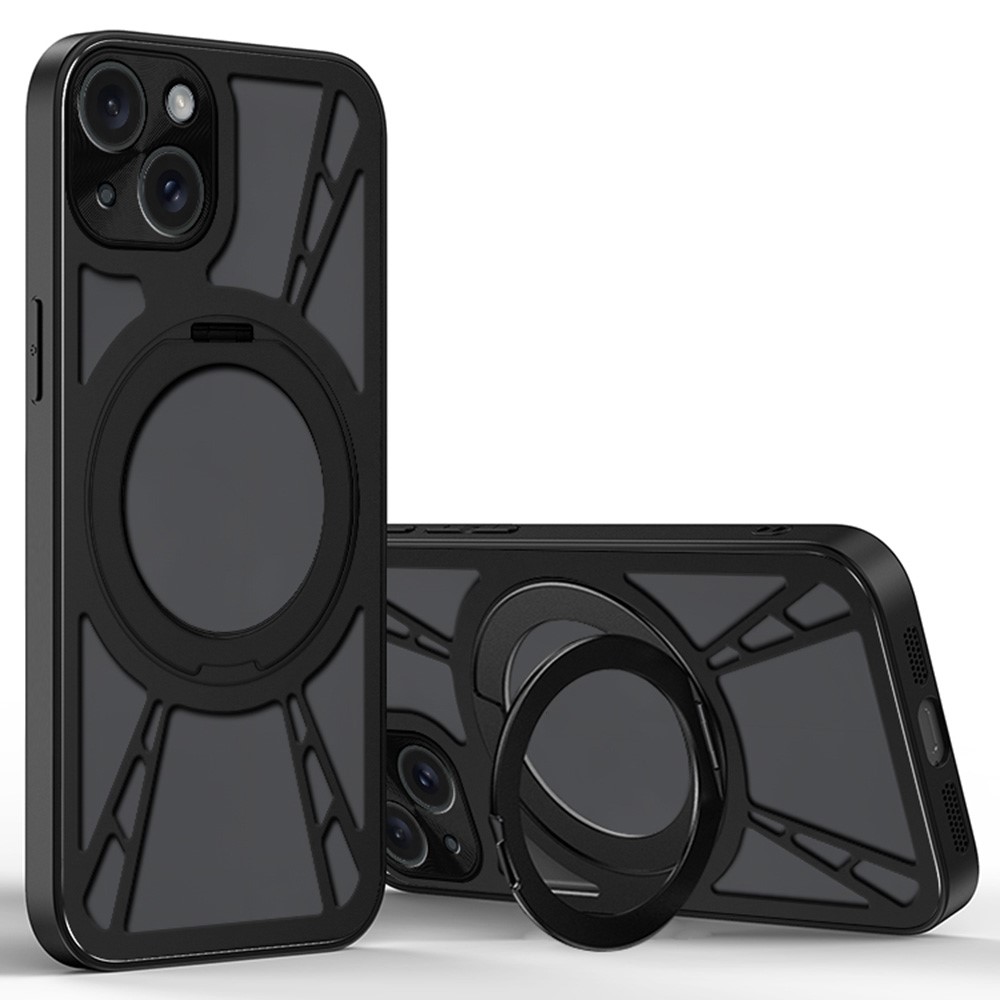 For iPhone 13 Case Magnetic Kickstand Hollow Heat Dissipation Silicone + PC + Metal Bumper Phone Cover - Black