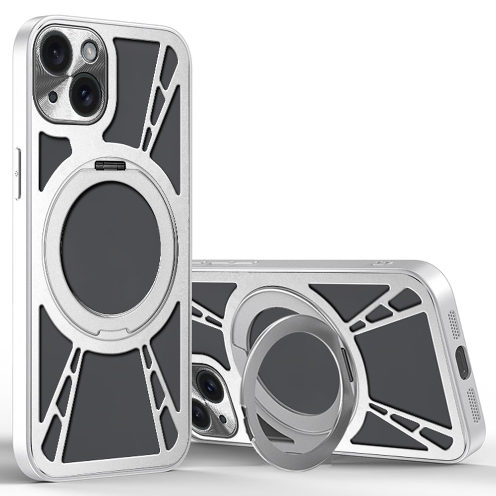 For iPhone 13 Case Magnetic Kickstand Hollow Heat Dissipation Silicone + PC + Metal Bumper Phone Cover - Silver