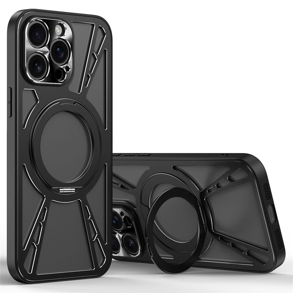 For iPhone 15 Pro Max Case Magnetic Kickstand Hollow Heat Dissipation Silicone + PC + Metal Bumper Phone Cover - Black