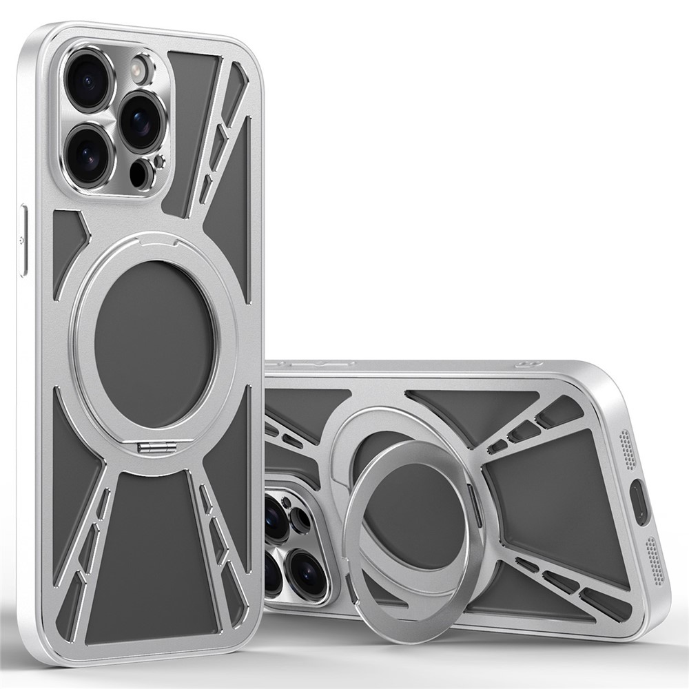 For iPhone 14 Pro Max Case Magnetic Kickstand Hollow Heat Dissipation Silicone + PC + Metal Bumper Phone Cover - Silver