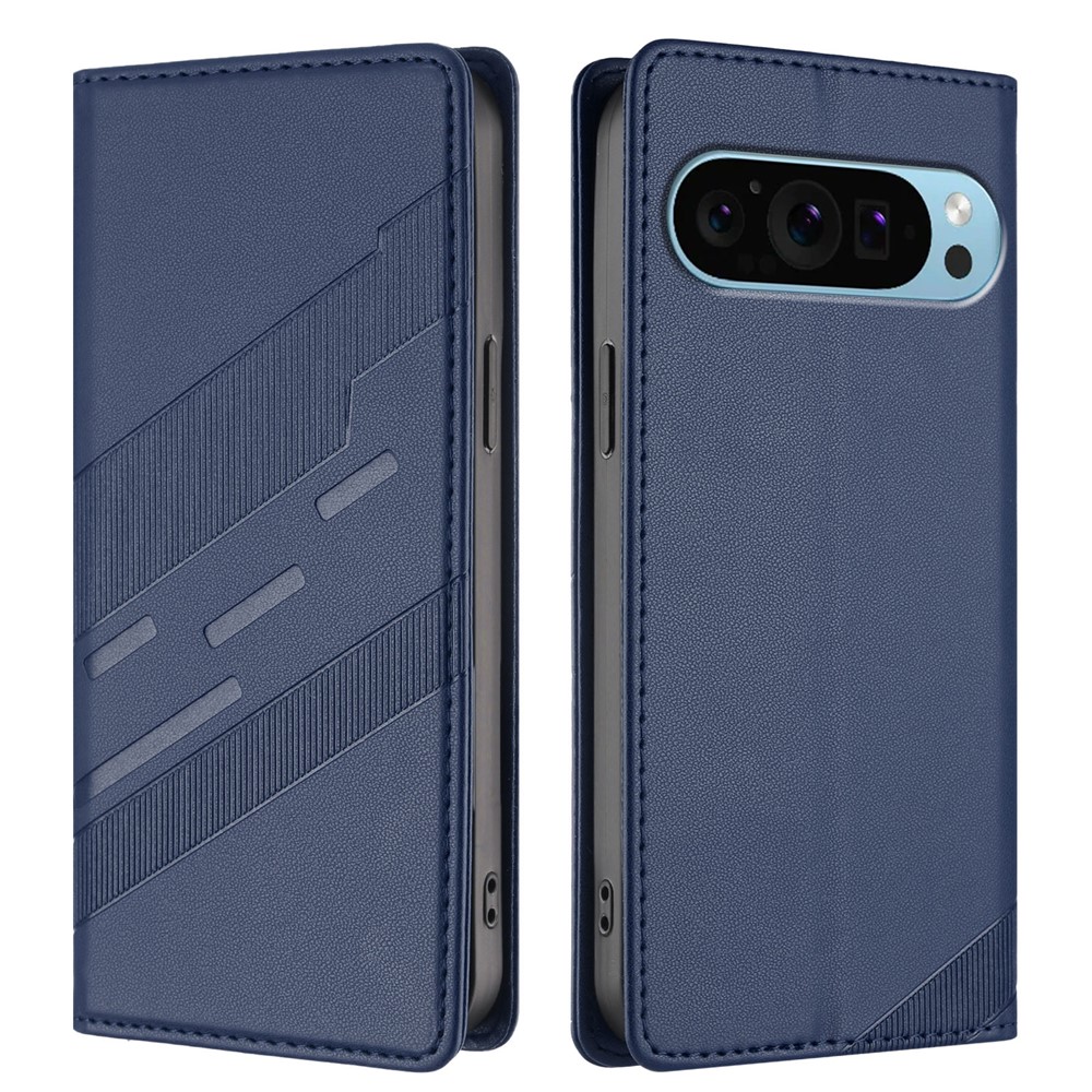 For Google Pixel 9 Phone Cases Punk Style Imprinted Wallet Stand Leather Cover - Dark Blue