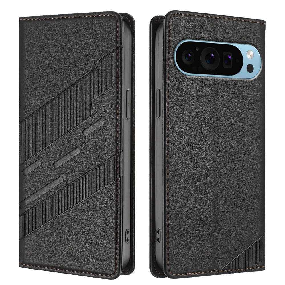 For Google Pixel 9 Phone Cases Punk Style Imprinted Wallet Stand Leather Cover - Black