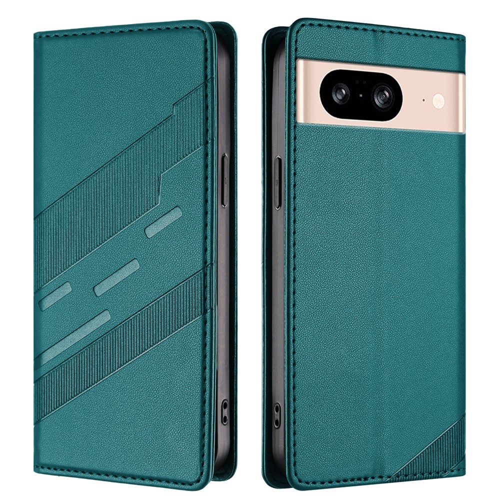For Google Pixel 8 Phone Cases Punk Style Imprinted Wallet Stand Leather Cover - Dark Green