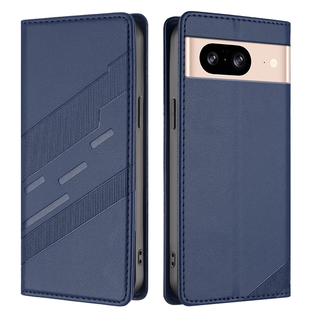 For Google Pixel 8 Phone Cases Punk Style Imprinted Wallet Stand Leather Cover - Dark Blue