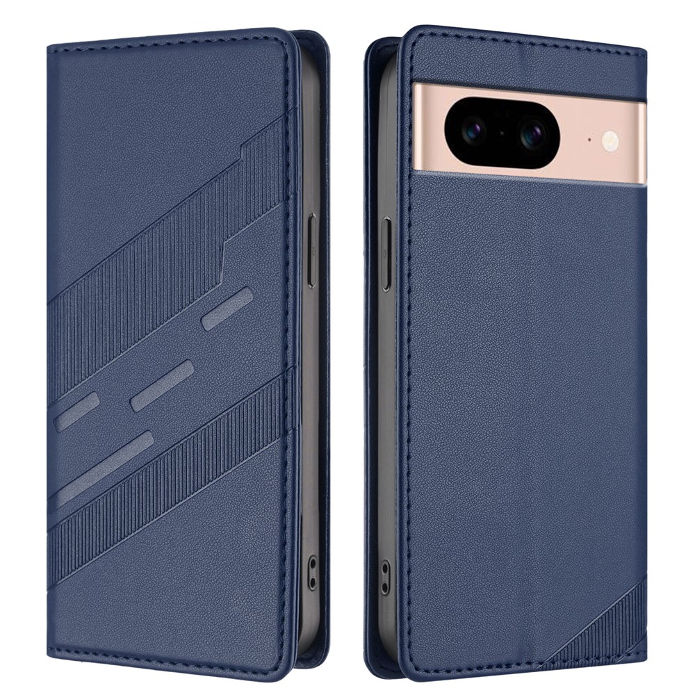 For Google Pixel 8a Phone Cases Punk Style Imprinted Wallet Stand Leather Cover - Dark Blue
