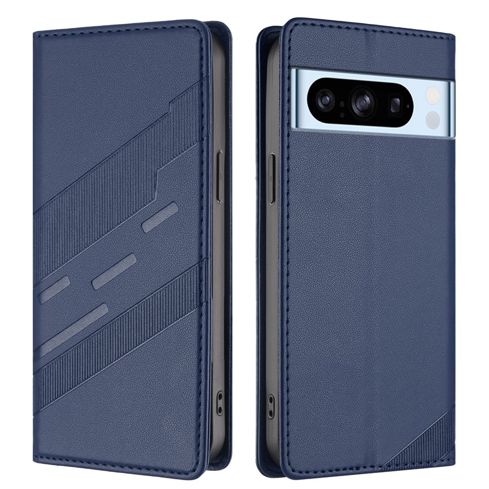 For Google Pixel 8 Pro Phone Cases Punk Style Imprinted Wallet Stand Leather Cover - Dark Blue