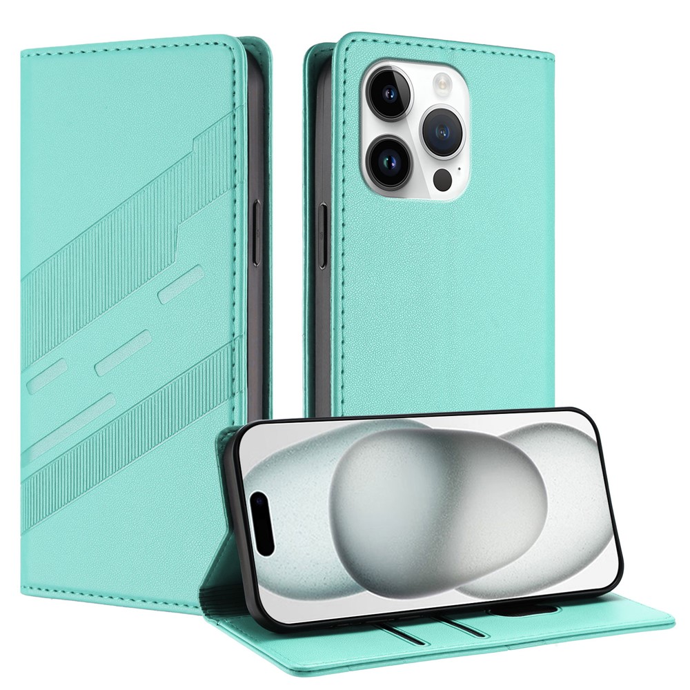 For iPhone 13 Pro 6.1 inch Phone Cases Punk Style Imprinted Wallet Stand Leather Cover - Mint Green