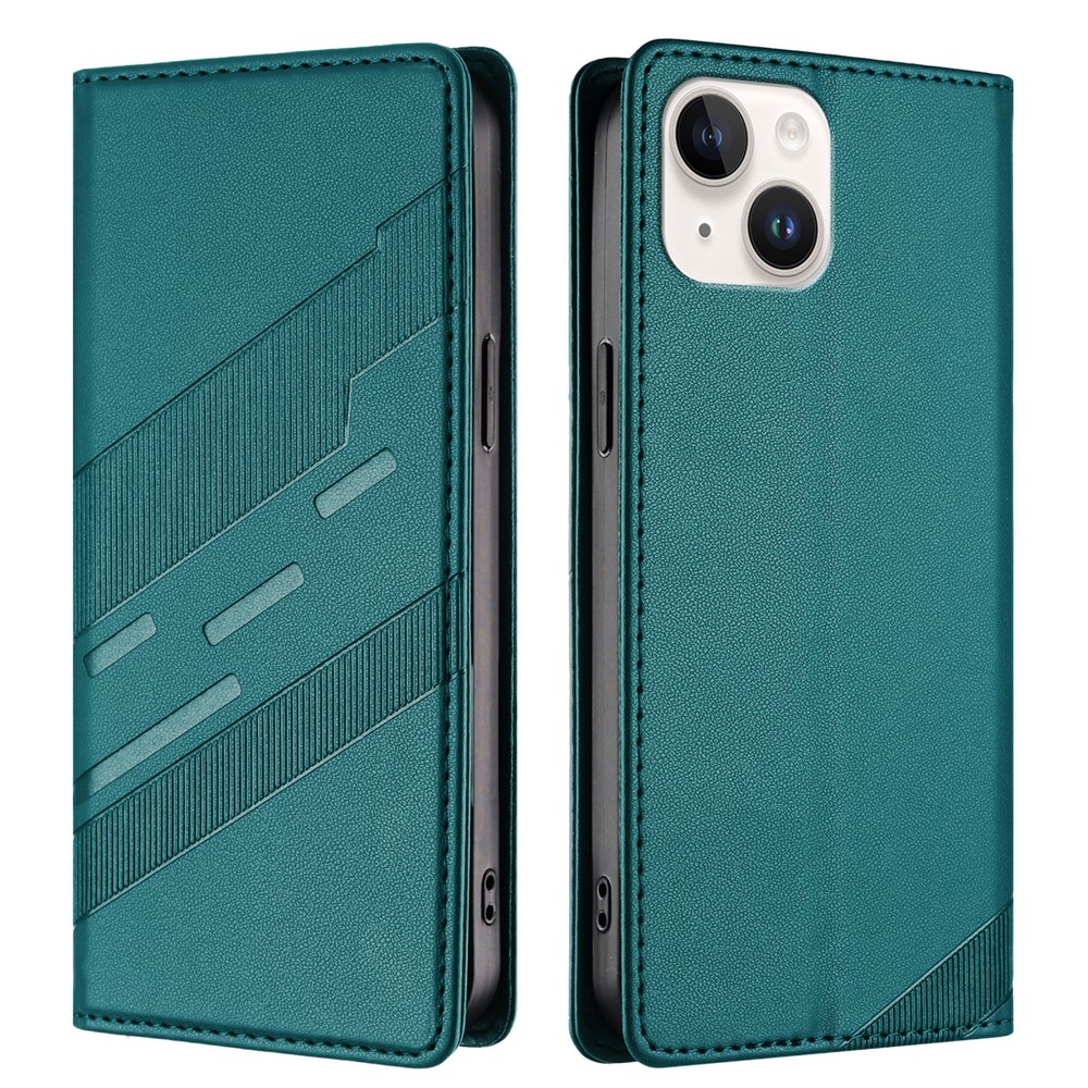 For iPhone 13 6.1 inch Phone Cases Punk Style Imprinted Wallet Stand Leather Cover - Dark Green