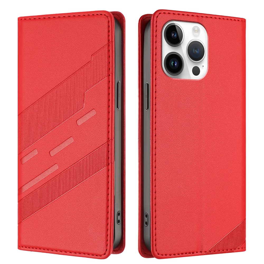 For iPhone 14 Pro Max Phone Cases Punk Style Imprinted Wallet Stand Leather Cover - Red