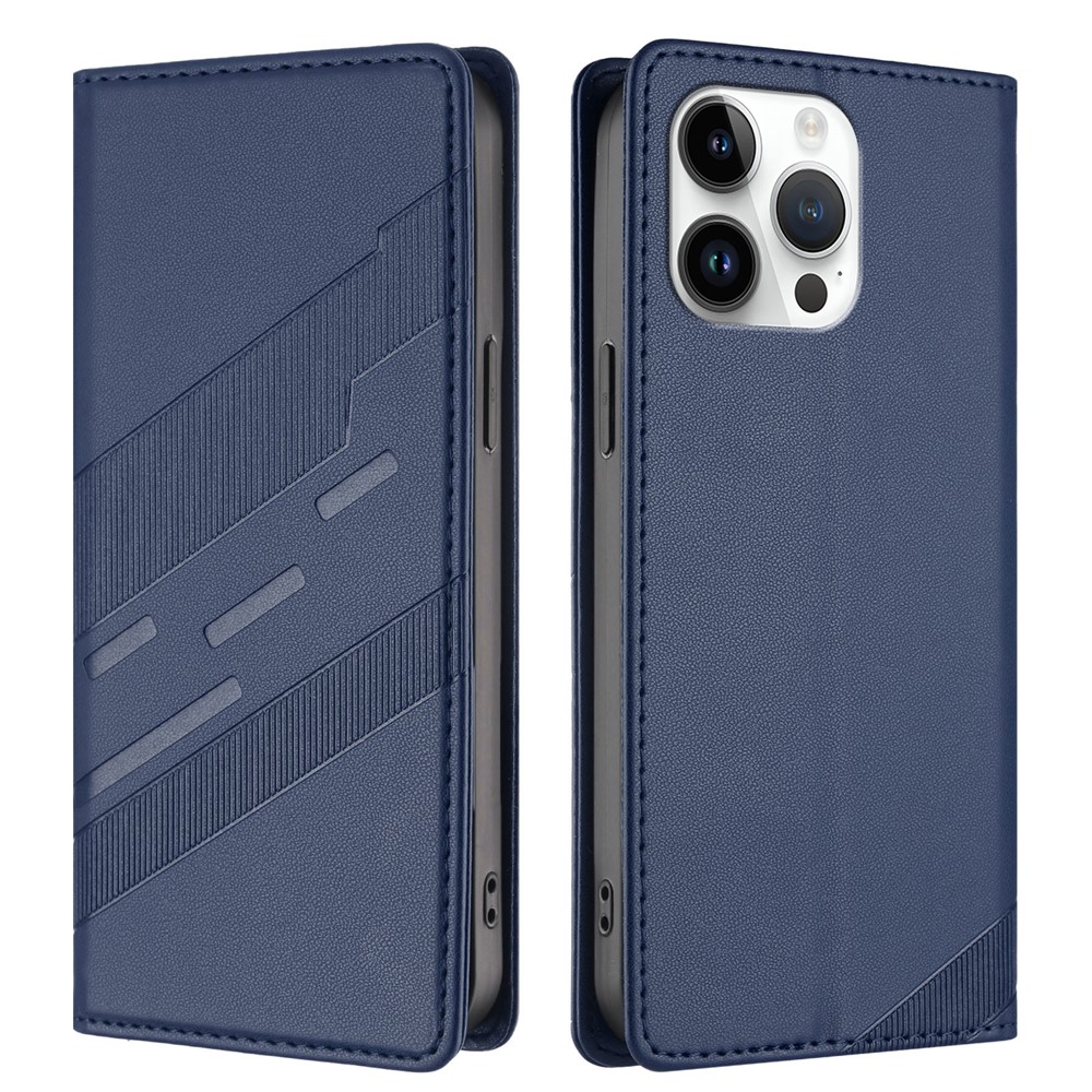 For iPhone 14 Pro Max Phone Cases Punk Style Imprinted Wallet Stand Leather Cover - Dark Blue