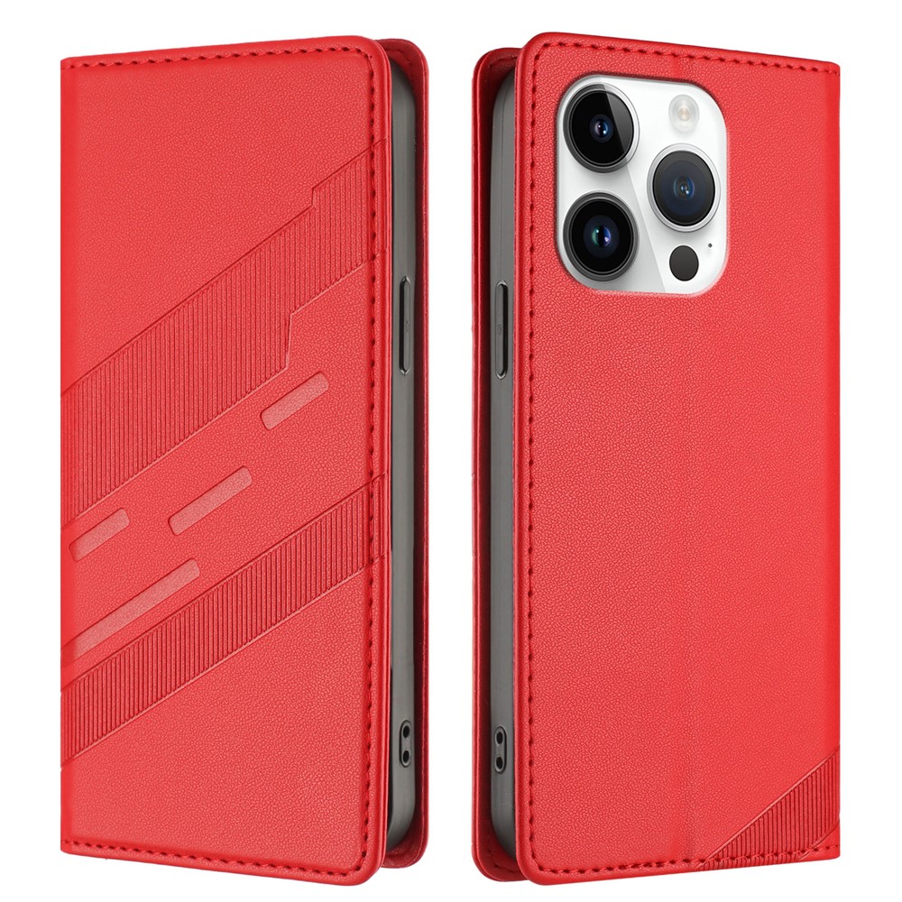 For iPhone 14 Pro Phone Cases Punk Style Imprinted Wallet Stand Leather Cover - Red
