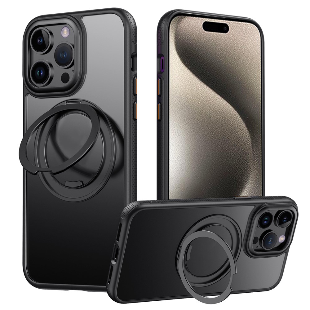 For iPhone 15 Pro Max Magnetic Case Rotating Gear Pivot Kickstand PC + TPU Phone Back Cover - Matte Black