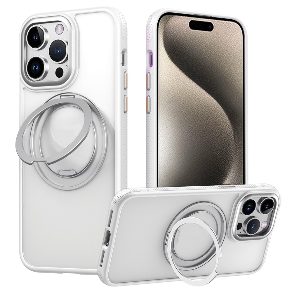 For iPhone 15 Pro Max Magnetic Case Rotating Gear Pivot Kickstand PC + TPU Phone Back Cover - Matte White
