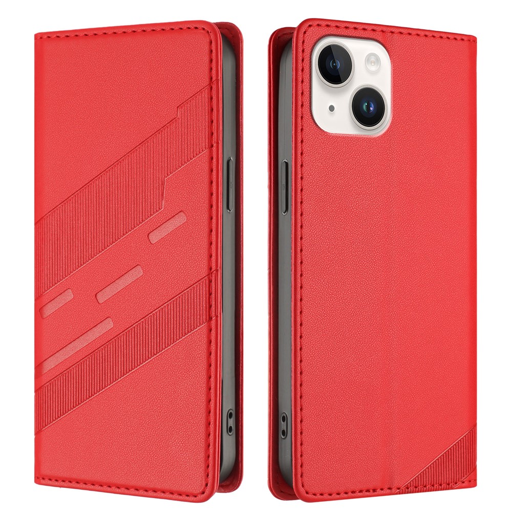 For iPhone 14 Phone Cases Punk Style Imprinted Wallet Stand Leather Cover - Red