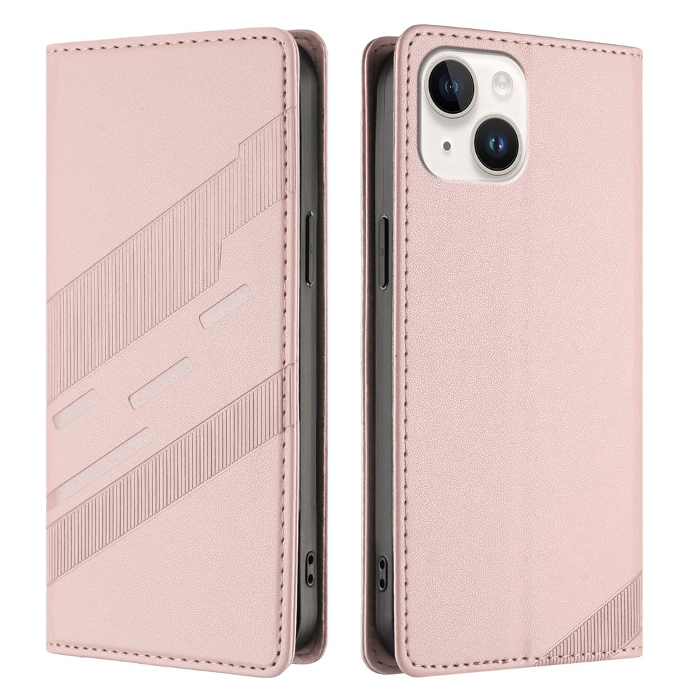 For iPhone 14 Phone Cases Punk Style Imprinted Wallet Stand Leather Cover - Pink