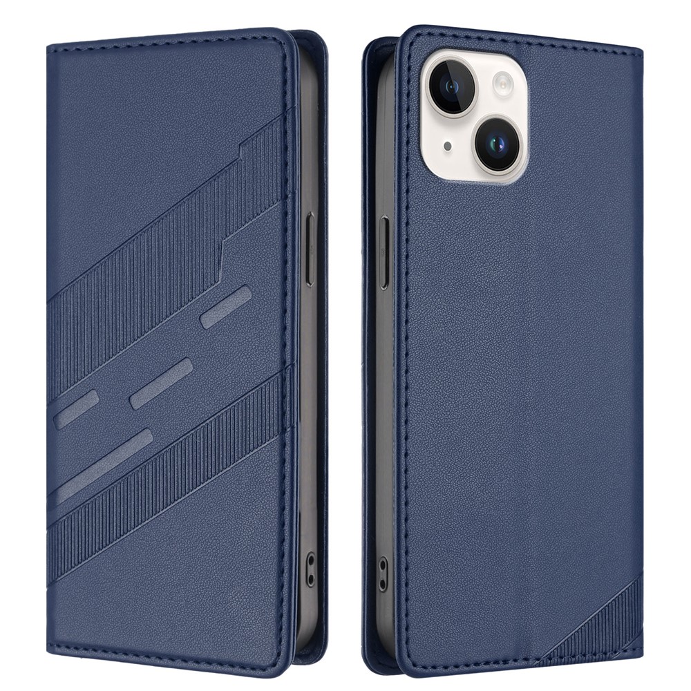 For iPhone 14 Phone Cases Punk Style Imprinted Wallet Stand Leather Cover - Dark Blue