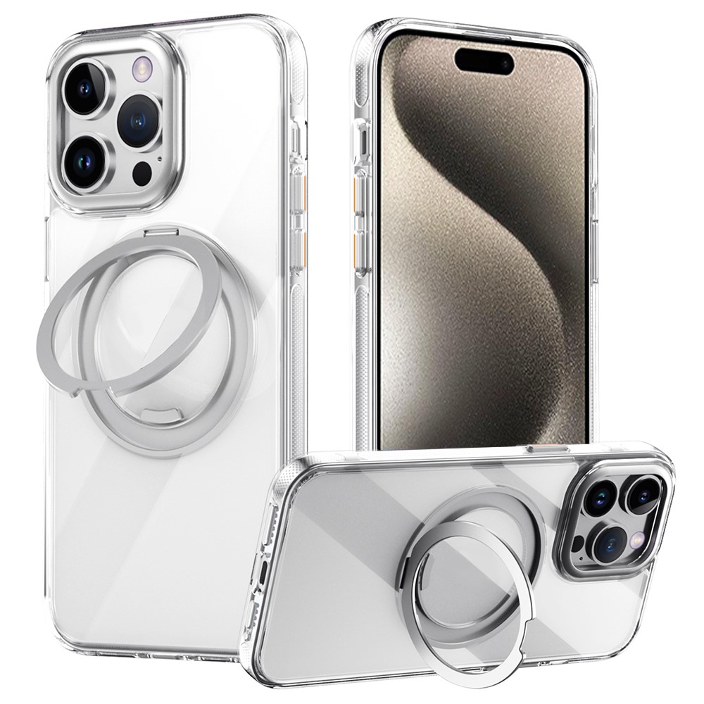 For iPhone 15 Pro Magnetic Case Rotating Gear Pivot Kickstand PC + TPU Phone Back Cover - Transparent