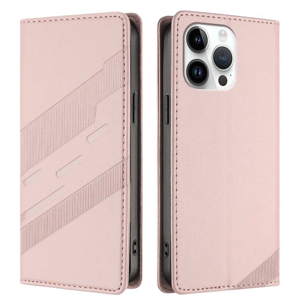 For iPhone 15 Pro Max Phone Cases Punk Style Imprinted Wallet Stand Leather Cover - Pink