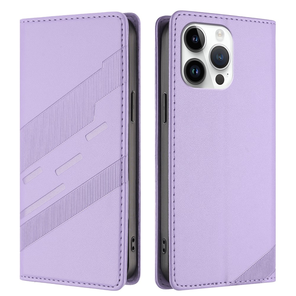 For iPhone 15 Pro Max Phone Cases Punk Style Imprinted Wallet Stand Leather Cover - Light Purple