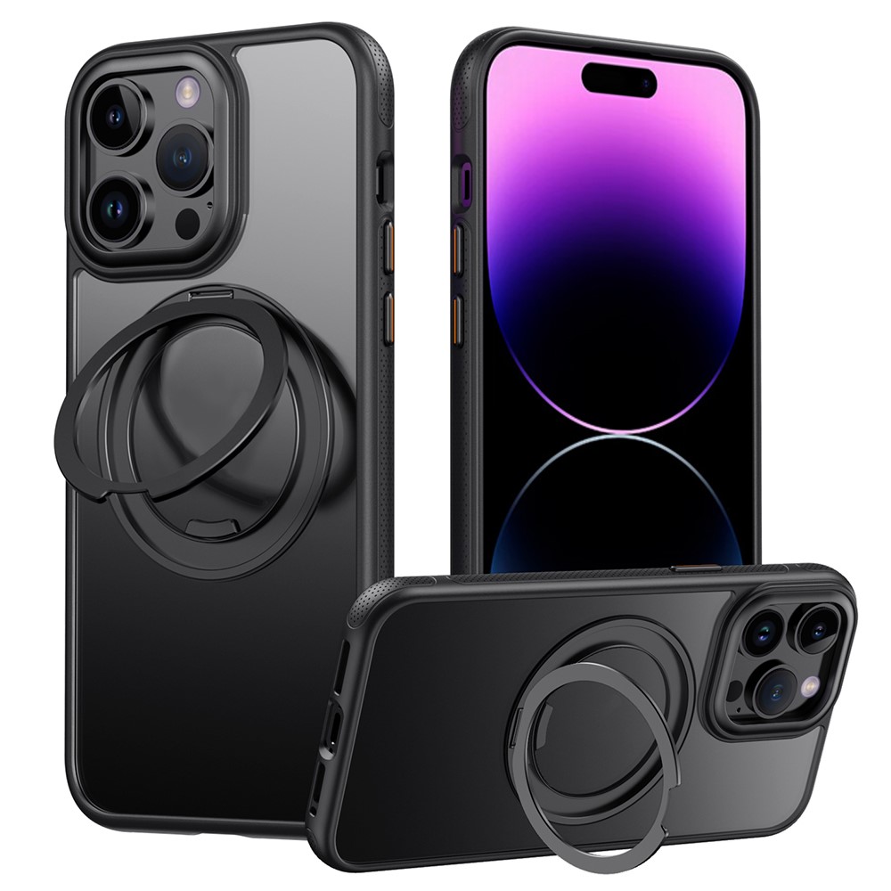 For iPhone 14 Pro Max Magnetic Case Rotating Gear Pivot Kickstand PC + TPU Phone Back Cover - Matte Black