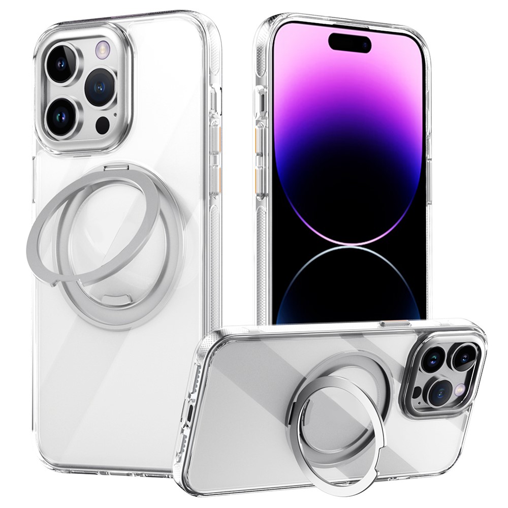 For iPhone 14 Pro Max Magnetic Case Rotating Gear Pivot Kickstand PC + TPU Phone Back Cover - Transparent