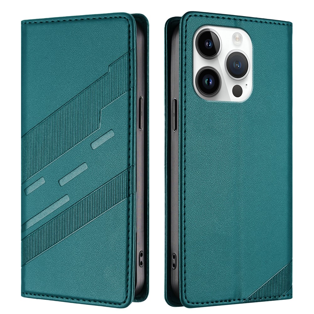 For iPhone 15 Pro Phone Cases Punk Style Imprinted Wallet Stand Leather Cover - Dark Green