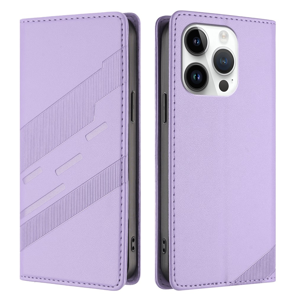 For iPhone 15 Pro Phone Cases Punk Style Imprinted Wallet Stand Leather Cover - Light Purple