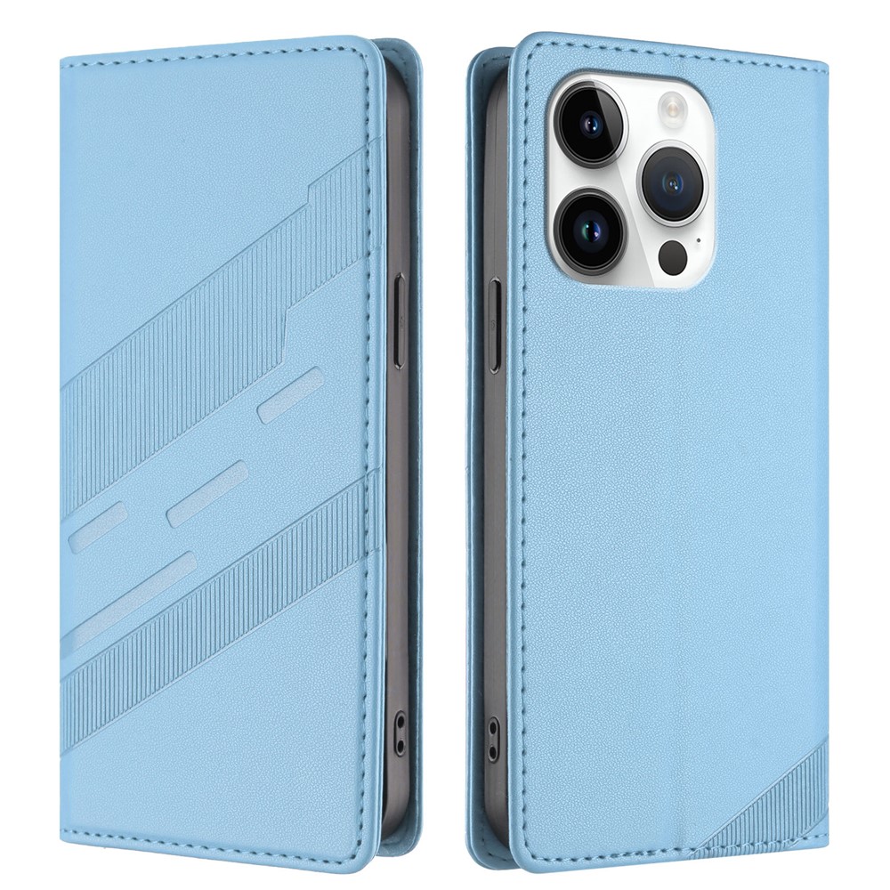 For iPhone 15 Pro Phone Cases Punk Style Imprinted Wallet Stand Leather Cover - Baby Blue